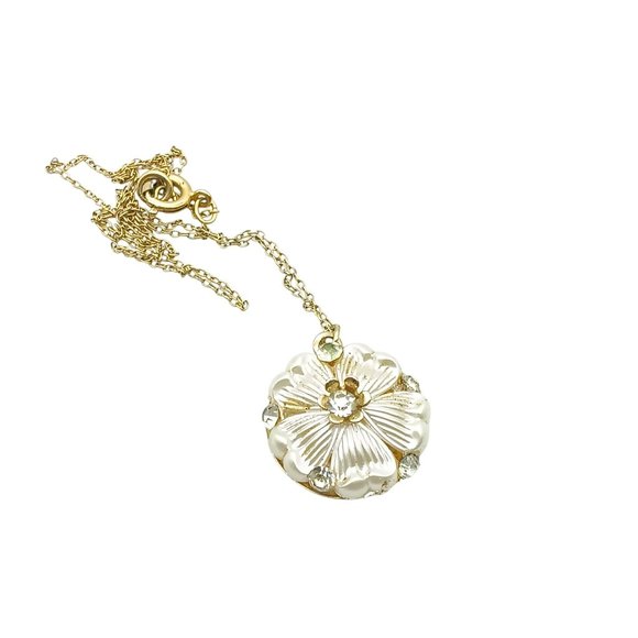 Vintage Gold-Tone Floral Pendant Necklace with Rhinestone Accents & Filigree - Picture 2 of 4